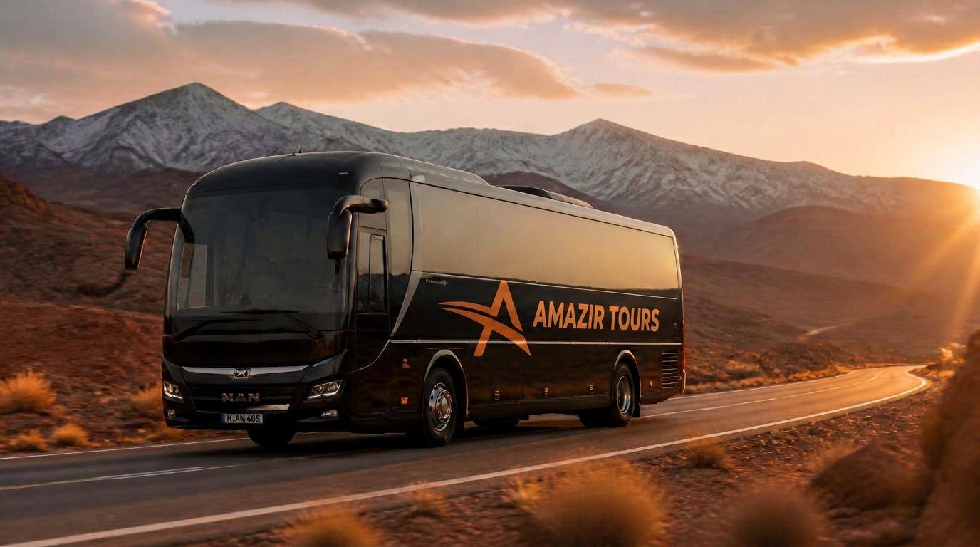 MAN touring coach on a mountain road in Morocco
