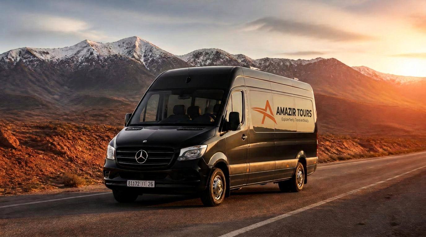 Mercedes minibus on a Moroccan road at golden hour