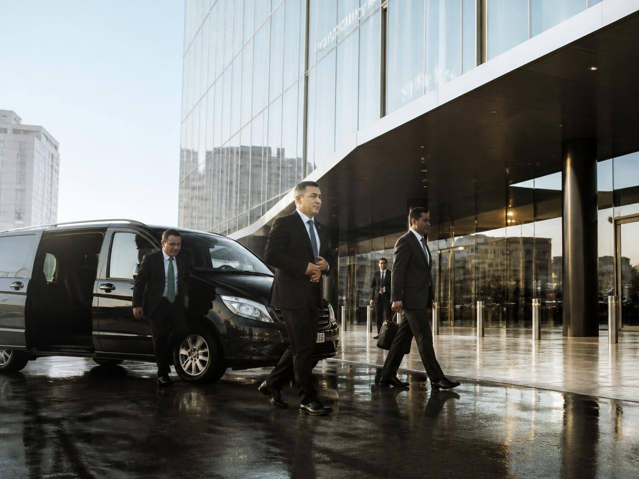 Business travellers stepping out of an AMAZIR executive van in Casablanca